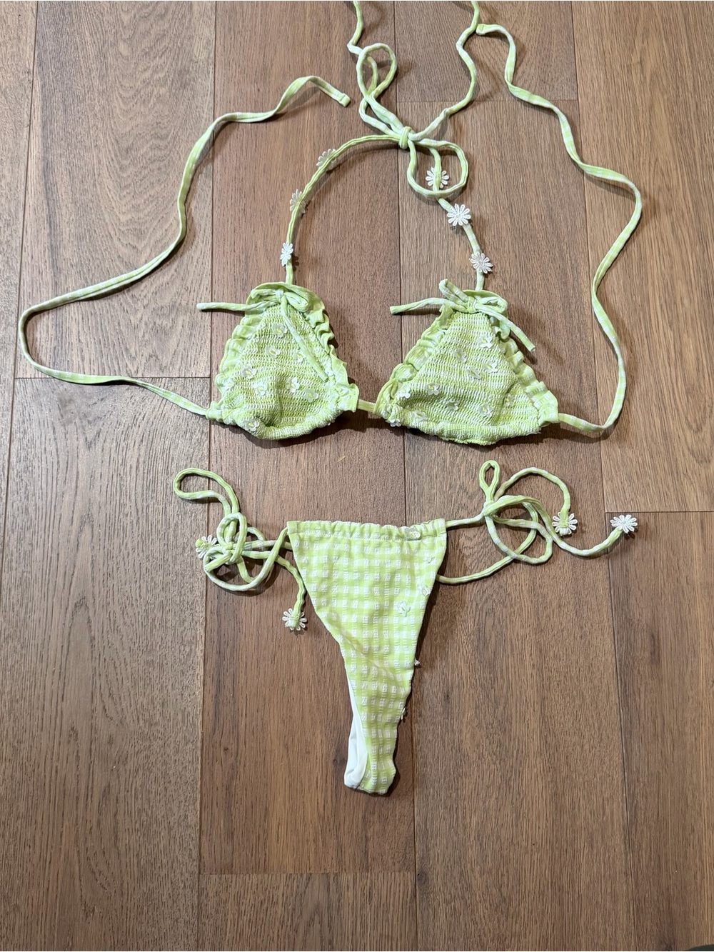 For Love & Lemons Lime Gingham Daisy-Trim Bikini Top
